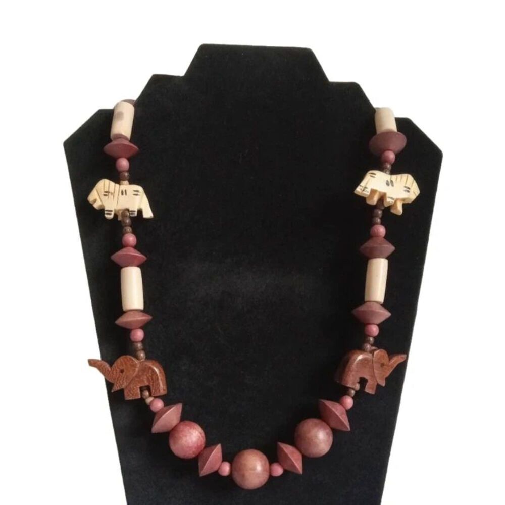 Vintage African Safari Hand Carved Wooden Elephant & Lion Animal Beaded Necklace